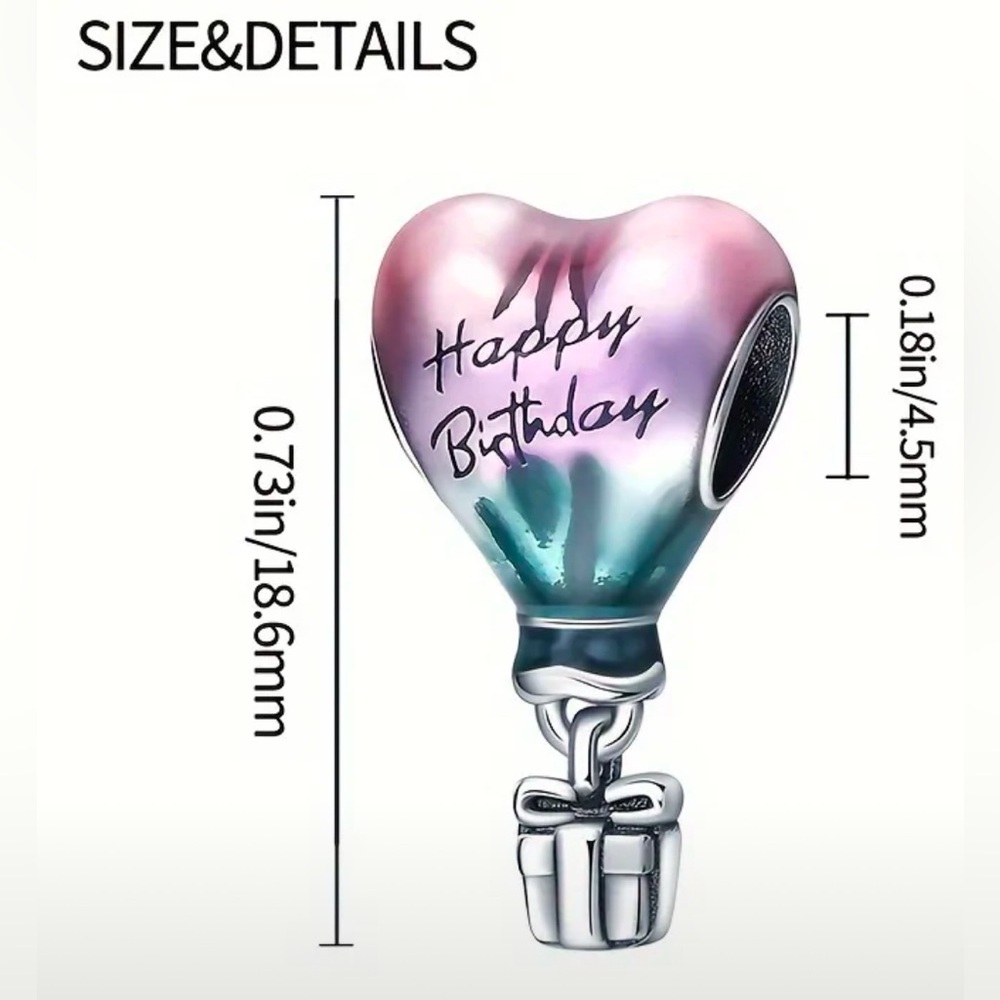Silver "Happy Birthday" Heart Hot Air Balloon & Gift Box Charm - Picture 2 of 6